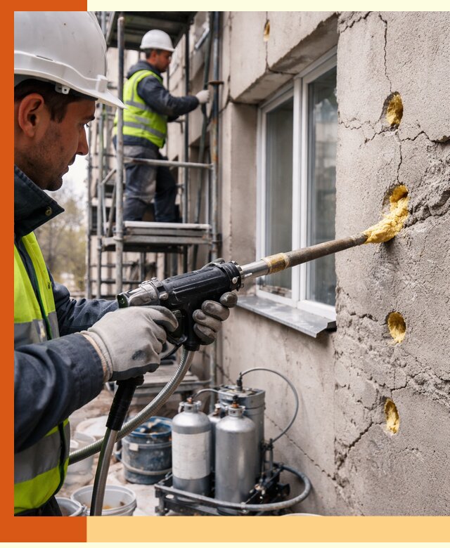 Заполнение пустот в фасаде и утепление стен в Воскресенске